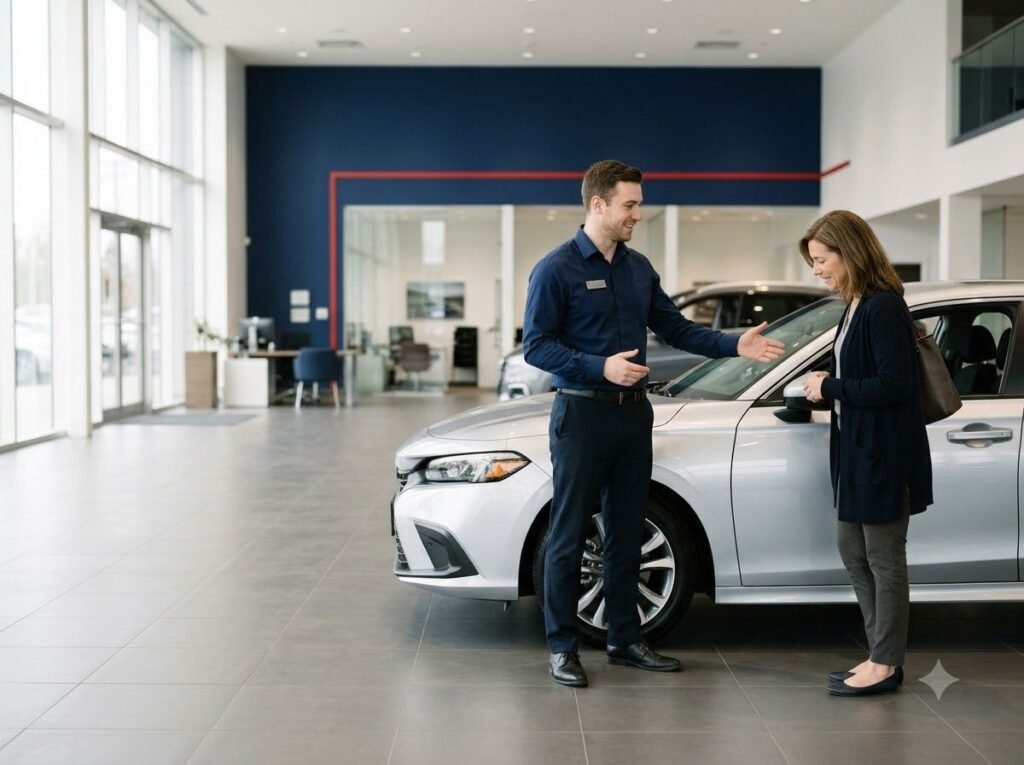 Sales consultant speaking with a customer beside a sedan in the showroom