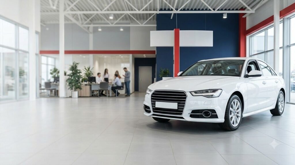 White sedan in an automotive showroom
